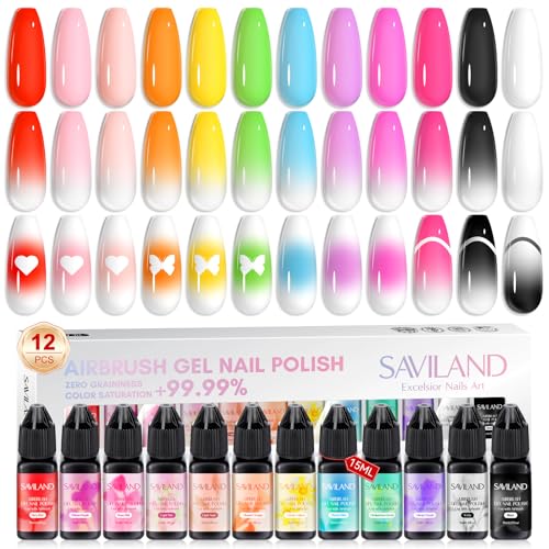 Saviland Airbrush Gel Farben Nagellack Set: 12 Farben airbrush set,Frühlings & Sommerkollektion für Nail Art Design Aufkleber französische Maniküre,15ml Airbrush Nagellack Langlebig Soak Off Nails Set von Saviland