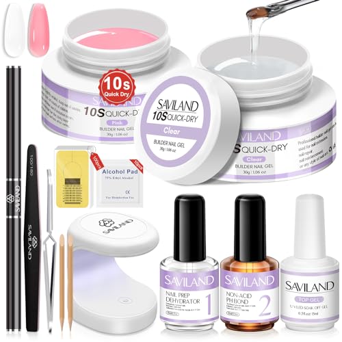 Saviland Aufbaugel für gelnägel Set: 2 Farben 30g Klares Pink mit U V Lampe Nagelbürste 100 Nagelformen Schnell Trocknendes Builder Nail Gel Nagelverlängerung und Modellage für Nägel Künstlerbedarf von Saviland
