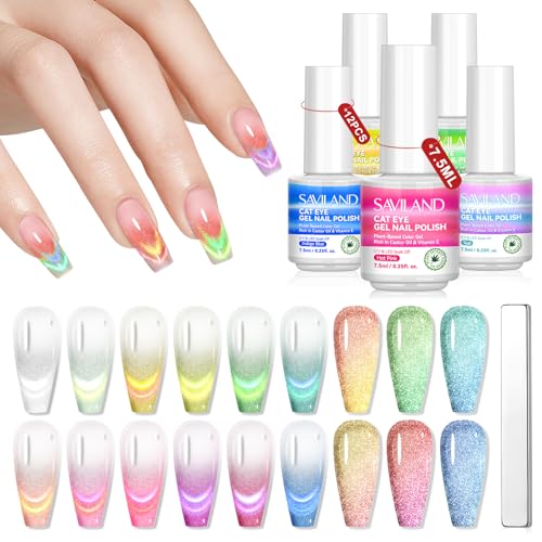 Saviland Cat Eye Gel Nagellack Set mit Magnet: 12 Farben【Reich an Rizinusöl & Vitamin E】Glitzernder Cateye UV Gel Nail Polish, Glitzer Magnet Gel Nagellack Soak Off UV LED für DIY Maniküre Geschenk von Saviland