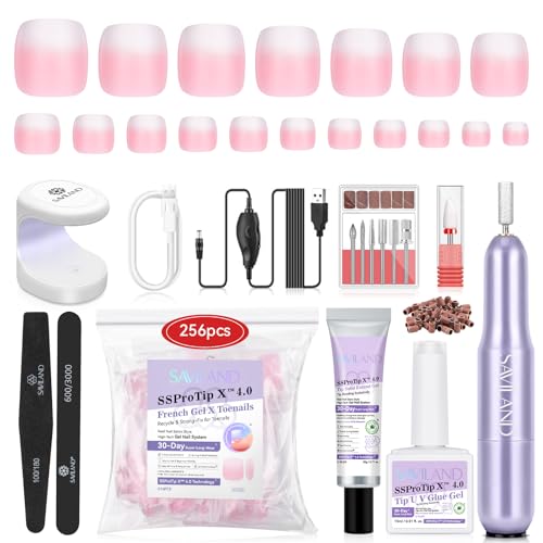 Saviland Fußnägel Set and Glue Gel Kit: ALL-IN-1 Anfänger Gele Nagelverlängerung Kit, Klebegel Protable Härtungslampe Acryl Nagel Kit, Salon DIY Maniküre Geschenk für Frauen Rosa Weiß Fußnägel von Saviland