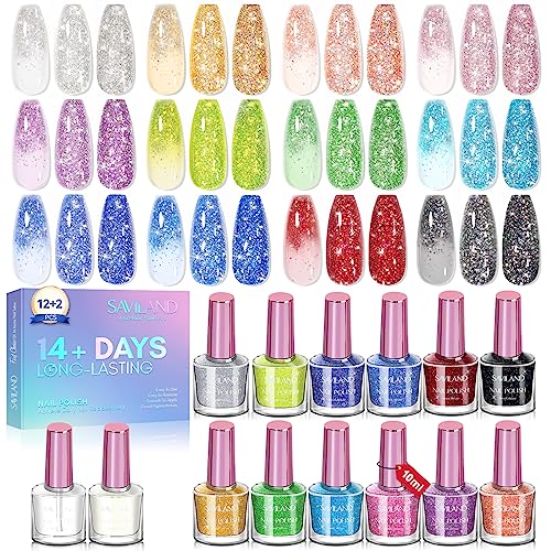 Saviland Glitzer Nagellack Set- 12 Glitzerfarbe Nagellack mit Top Base Coat Reflective Diamond Nail Gel Polish Schnelltrocknend Lang Snhaltende Holografische Glitter Glänzende Maniküre 10ml von Saviland