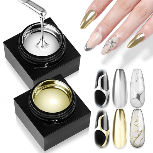 Saviland Metallic Gel Nagellack UV Set: Silber & Gold Chrome UV Gel Nagellack 3D Metallmalerei Painting Nail Polish Zeichnungsnagel Spiegeleffekt Chrom Langlebiger Gelnagellack Nail Art Set von Saviland