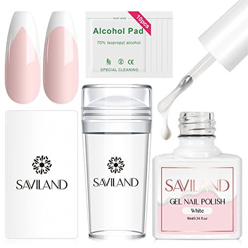 Saviland French Nails Stempel Set – Klarer Nagelstempel mit Weiß Gel Nagellack &Nagelschaber French Nails Tools Silikongelee Nail Stamper Nagel Stempelset für Nail Art Design Nail Stamping Set von Saviland