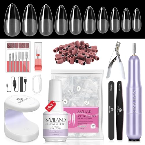 Saviland Nail Tips and Glue Gel Kit: ALL-IN-1 Anfänger Gele Nagelverlängerung Kit, Klebegel lange Tipps Protable Härtungslampe Acryl Nagel Kit, Salon DIY Maniküre Geschenk für Frauen Medium Mandel von Saviland