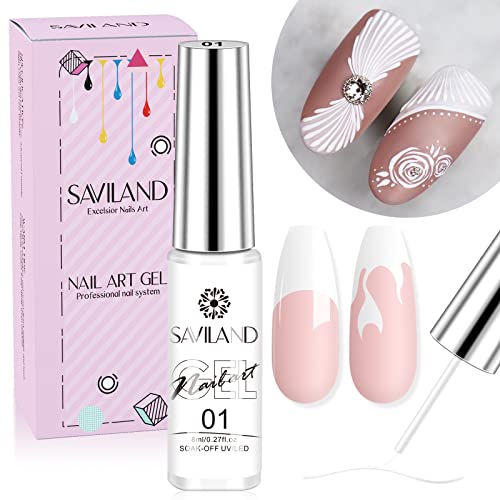 Saviland 8g Painted Gel Nagellack – Weiß Liner Nail Art Gel Nail Polish, U V Gel Nagellack Basic Color Soak Off U V LED French Manicure Starter Gel für Swirl Nails Home DIY Nagelstudio Gelnägel Farben von Saviland