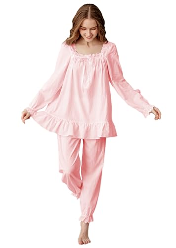 Elegant Damen Schlafanzüge Set Pyjama Set Baumwolle Zweiteilige Nachtwäsche Schlafanzug Lang Nachtwäsche Sleepwear Pyjamas Hausanzug (DE/NL/SE/PL, Alphanumerisch, M, Regular, Regular, Rosa) von Sawekin