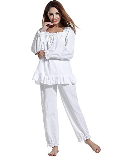 Elegant Damen Schlafanzüge Set Pyjama Set Baumwolle Zweiteilige Nachtwäsche Schlafanzug Lang Nachtwäsche Sleepwear Pyjamas Hausanzug (DE/NL/SE/PL, Alphanumerisch, M, Regular, Regular, weiß) von Sawekin