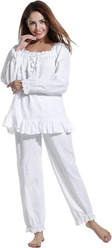 Elegant Damen Schlafanzüge Set Pyjama Set Baumwolle Zweiteilige Nachtwäsche Schlafanzug Lang Nachtwäsche Sleepwear Pyjamas Hausanzug (DE/NL/SE/PL, Alphanumerisch, L, Regular, Regular, weiß) von Sawekin