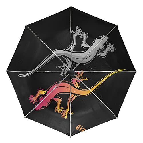 Gecko Tier Schwarze Eizard Eidechse Regenschirm Taschenschirm Automatische Reise Winddichte Sonnenschutz Trekkingschirm Wanderregenschirm für Frauen Männer von Sawhonn