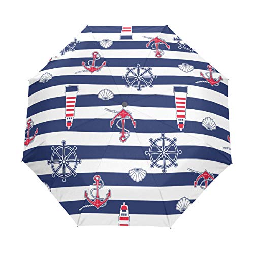 Sawhonn Niedlicher Streifen Marine Leuchtturm Regenschirm Taschenschirm Automatische Reise Winddichter Sonnenschutz Trekkingschirm Wanderregenschirm für Frauen Männer in Blau von Sawhonn