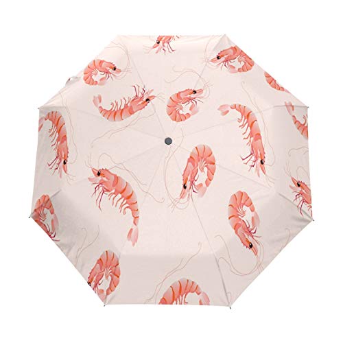 Rosa Seefisch Garnelen Regenschirm Taschenschirm Automatische Reise Winddichte Sonnenschutz Trekkingschirm Wanderregenschirm für Frauen Männer von Sawhonn