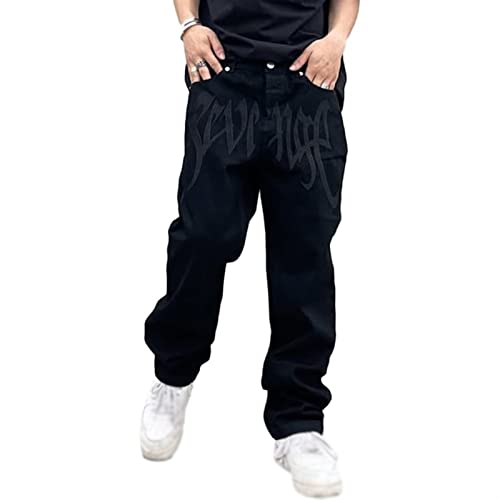 Baggy Jeans Bedruckt Herren Jeans Men Hip Hop Jeans Baggy Jeanshose Teenager Jungen Bein Jeans Skateboard Hose Streetwear (Color : Black, Size : 3XL) von Sawmew