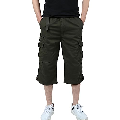 Cargohose Herren 3/4 Länge Baumwolle mit Reißverschluss Sport Hosen Herren Kurz Sommer Herren Jogginghose Herrenhose Retro Kurze Stretch Hose Basic (Color : Army Green, Size : 5XL) von Sawmew
