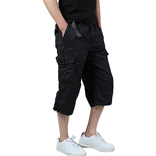 Cargohose Herren 3/4 Länge Baumwolle mit Reißverschluss Sport Hosen Herren Kurz Sommer Herren Jogginghose Herrenhose Retro Kurze Stretch Hose Basic (Color : Black, Size : 5XL) von Sawmew