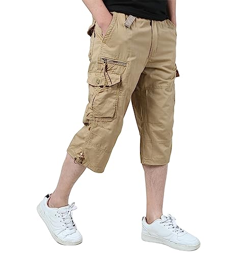 Cargohose Herren 3/4 Länge Baumwolle mit Reißverschluss Sport Hosen Herren Kurz Sommer Herren Jogginghose Herrenhose Retro Kurze Stretch Hose Basic (Color : Khaki, Size : XL) von Sawmew