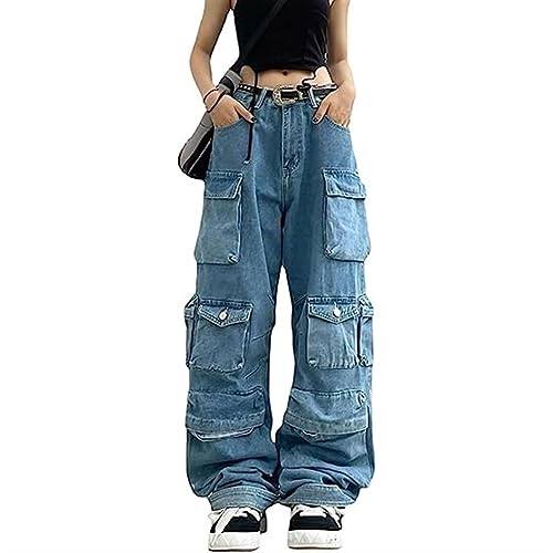 Damen Y2K Hoch Taillierte Cargo-Hose Gothic Baggy Jeans Weites Bein Lose Freizeithose Grunge Hose Streetwear (Color : Blue, Size : L) von Sawmew
