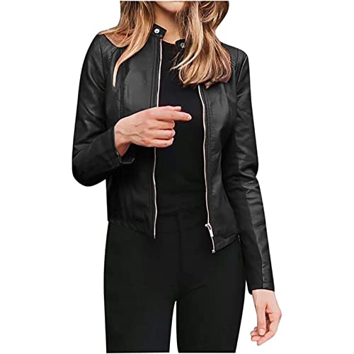 Lederjacke Damen Herbst Winter Motorrad Jacke Bomberjacke Bikerjacke mit Reißverschluss Übergangsjacke Kunstleder Jacken Große Größen (Color : Black, Size : 3XL) von Sawmew