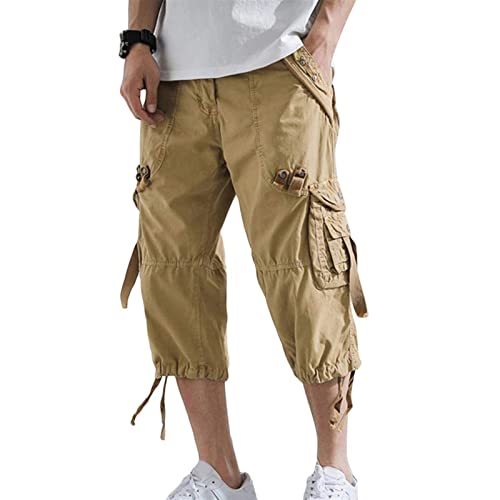 Sawmew 3/4 Hose Herren Cargo Shorts Männer Bermuda Shorts Multi Taschen Sommer Kurze Hose Baumwolle Arbeitshose Mehrere Taschen Lässig (Color : Khaki, Size : XXL) von Sawmew