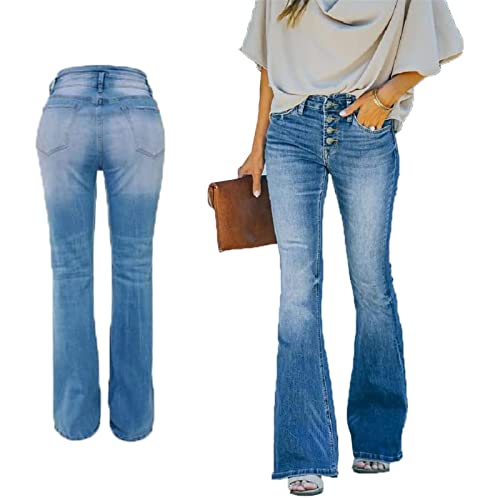 Sawmew 90er Jahre Vintage-Jeans mit Knopfleiste, Hoher Taille, Ausgestelltem Bein, Damen, Hoher Bund, Distressed, Klassischer, Dehnbarer Denim-Schlag (Color : Blue, Size : XL) von Sawmew