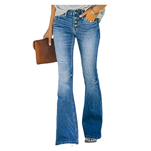 Sawmew 90er Jahre Vintage Knopfleiste Hohe Taille Ausgestelltes Bein Jeans New Skinny Bell Bottom Jeans für Damen High Waist Pull-on Stretch Denim Schlagjeans (Color : Blue, Size : S) von Sawmew