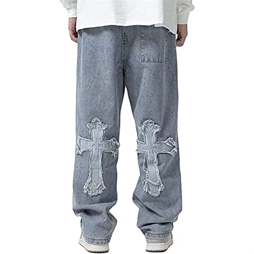 Sawmew Baggy Jeans Bedruckt Herren Jeans Men Hip Hop Jeans Baggy Jeanshose Teenager Jungen Bein Jeans Skateboard Hose Streetwear (Color : Blue, Size : M) von Sawmew