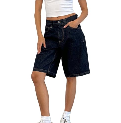 Sawmew Baggy Jeans Bermudashorts für Damen Im Y2k Stil Vintage Jeansshorts Mit Geradem Bein Lässige Knielange Jeans Jorts mit Taschen(Black,S) von Sawmew