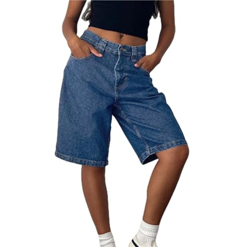 Sawmew Baggy Jeans Bermudashorts für Damen Im Y2k Stil Vintage Jeansshorts Mit Geradem Bein Lässige Knielange Jeans Jorts mit Taschen(Dark blue,M) von Sawmew