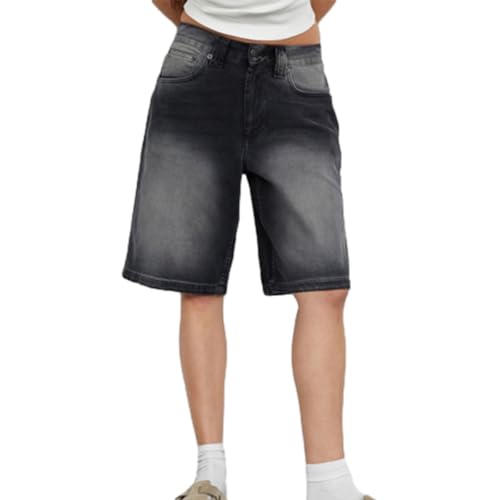 Sawmew Baggy Jeans Bermudashorts für Damen Im Y2k Stil Vintage Jeansshorts Mit Geradem Bein Lässige Knielange Jeans Jorts mit Taschen(Grey,L) von Sawmew