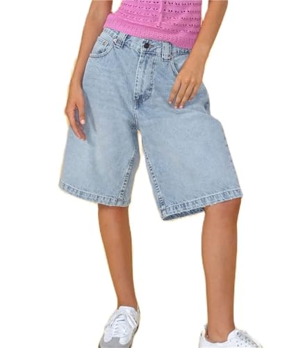 Sawmew Baggy Jeans Bermudashorts für Damen Im Y2k Stil Vintage Jeansshorts Mit Geradem Bein Lässige Knielange Jeans Jorts mit Taschen(Light blue,M) von Sawmew