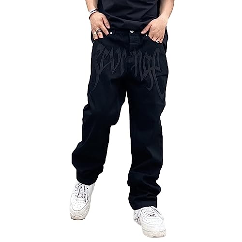 Sawmew Baggy Jeans Brief Drucken Herren Jeans Men Hip Hop Jeans Baggy Jeanshose Teenager Bein Jeans Skateboard Hose Streetwear (Color : Black, Size : 3XL) von Sawmew