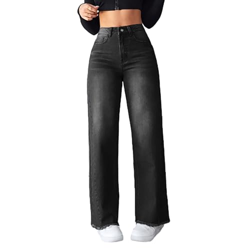 Sawmew Baggy Jeans Damen Boyfriend Jeans Damen Y2k-Hosen Hochtaillierte Denim-Hose mit Gerades Weitem Bein Freizeithose Jeans mit Rohem Rand Vintage Streetwear(Black,XXL) von Sawmew