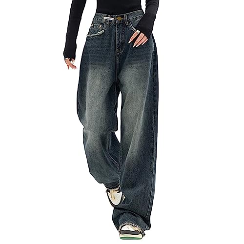 Sawmew Baggy Jeans Damen High Waist Straight Jeans Breites Bein Jeans Loose Gerade Hosen Bootcut Jeans Jeanshosen Glatte Jeans Y2K Style Vintage-Hose Teenager Mädchen Streetwear (Color : Blue, Size von Sawmew