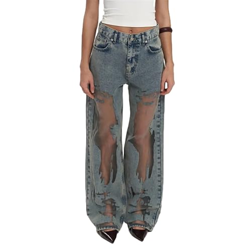 Sawmew Baggy Jeans Damen Hohe Taille Weites Bein Casual Locker Denim Hosen Hollow Out Mesh Patchwork Y2K Vintage Hiphop Straight Gewaschene Jeanshosen Boyfriend(L) von Sawmew