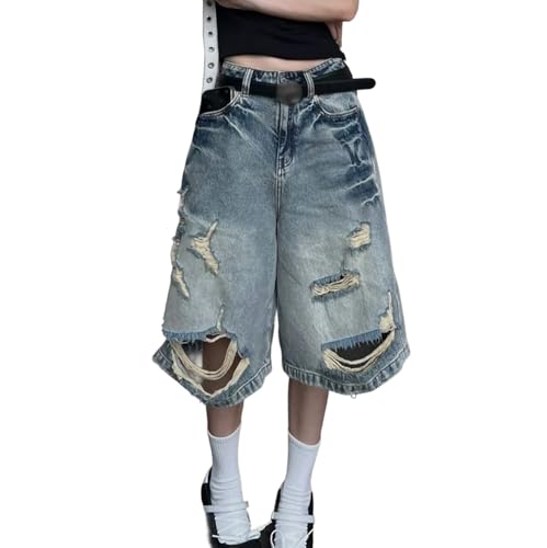 Sawmew Baggy Jeans Shorts für Damen Jorts Y2k Low Rise Wide Leg Denim Shorts Sommerjeans Loose Streetwear Retro Blau Ripped Short Jeans Knielange 90er Shorts(S) von Sawmew