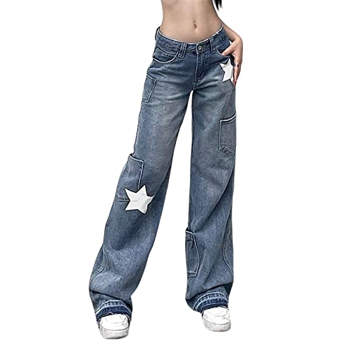Sawmew Baggy Jeans mit Weitem Bein für Damen Punk Grunge Cargo Denim Hose Y2k Vintage Schlaghose Harajuku Streetwear (Color : Blue, Size : S) von Sawmew