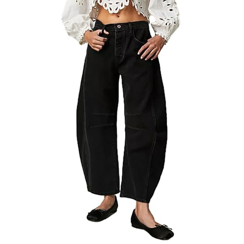 Sawmew Barrel Jeans Damen Baggy Jeans Mid Waist Hose Weites Bein Streetwear Casual Cropped Pants Baggy Vintage Barrel Frauen Einfarbig Freizeithosen mit Taschen(Black,L) von Sawmew