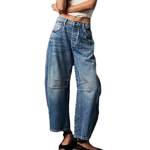 Sawmew Barrel Jeans Damen Baggy Jeans Mid Waist Hose Weites Bein Streetwear Casual Cropped Pants Baggy Vintage Barrel Frauen Einfarbig Freizeithosen mit Taschen(Dark Blue,L) von Sawmew