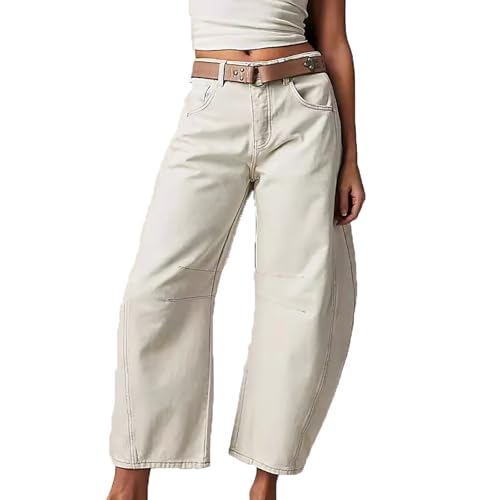 Sawmew Barrel Jeans Damen Baggy Jeans Mid Waist Hose Weites Bein Streetwear Casual Cropped Pants Baggy Vintage Barrel Frauen Einfarbig Freizeithosen mit Taschen(White,S) von Sawmew