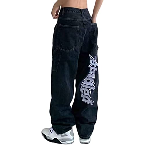 Sawmew Bedruckte Baggy Jeans für Herren Hip-Hop Jeans Y2K Straight Jeans Washed Denim Pants Vintage Jean Pants Skateboard Pants Teen Boy Streetwear (Color : Black, Size : M) von Sawmew