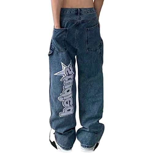 Sawmew Bedruckte Baggy Jeans für Herren Hip-Hop Jeans Y2K Straight Jeans Washed Denim Pants Vintage Jean Pants Skateboard Pants Teen Boy Streetwear (Color : Blue, Size : S) von Sawmew