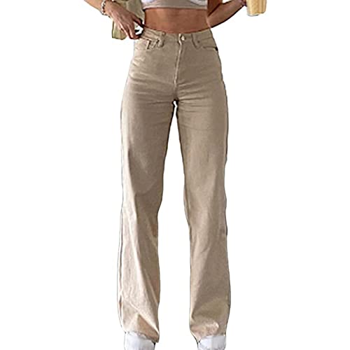 Sawmew Boyfriend Jeans Damen Baggy Jeanshose High Waist Lang Denim Pants Vintage Mode Loose Freizeithose Schlagjeans Destroyed Straight Lässig Jeans (Color : Beige, Size : S) von Sawmew