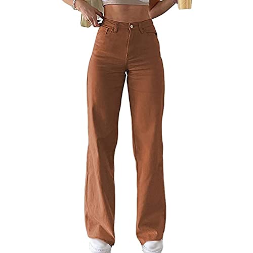 Sawmew Boyfriend Jeans Damen Baggy Jeanshose High Waist Lang Denim Pants Vintage Mode Loose Freizeithose Schlagjeans Destroyed Straight Lässig Jeans (Color : Brown, Size : S) von Sawmew