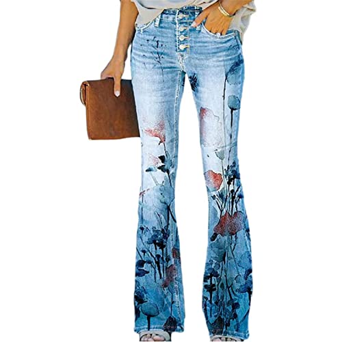 Sawmew Boyfriend Jeans Damen High Waist Blumen Druck Schlaghose Schlagjeans Bleistifthose Vintage 90er Streetwear Denim Hose Lang Trousers Denimhosen Freizeithose Lang Trousers Hose von Sawmew