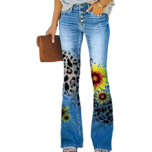 Sawmew Boyfriend Jeans Damen High Waist Blumen Druck Schlaghose Schlagjeans Bleistifthose Vintage 90er Streetwear Denim Hose Lang Trousers Denimhosen Freizeithose Lang Trousers Hose von Sawmew