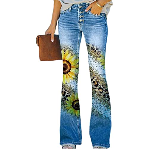 Sawmew Boyfriend Jeans Damen High Waist Blumen Druck Schlaghose Schlagjeans Bleistifthose Vintage 90er Streetwear Denim Hose Lang Trousers Denimhosen Freizeithose Lang Trousers Hose von Sawmew