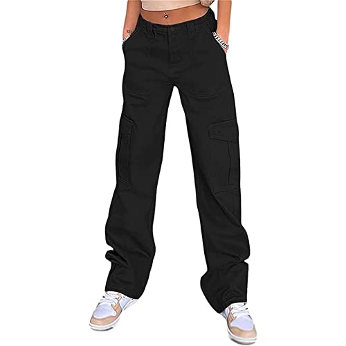 Sawmew Cargohose Damen, Low Rise Baggy Cargohose für Damen, Parachute Pants Cargo Jeans Jogger Straight Y2K Hose (Color : Black, Size : S) von Sawmew