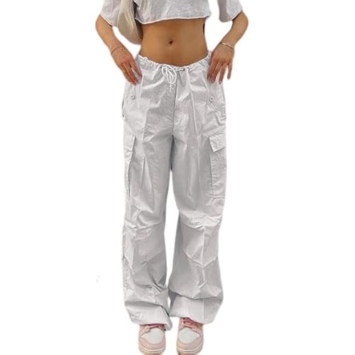 Sawmew Cargohose Damen Baggy Low Waist Drawstring Hip Hop Freizeithose Oversize Jogginghose Streetwear Track Hose mit Taschen (Color : White, Size : S) von Sawmew