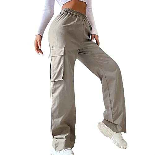 Sawmew Cargohose Damen High Waist Jogginghose Teenager Mädchen Cargo Hose Y2k Hosen Straight Sweathose Elastische Bund Hosen Schlaghose Sport Jogginghose Streatwear mit Taschen (Color : Light Gray, von Sawmew