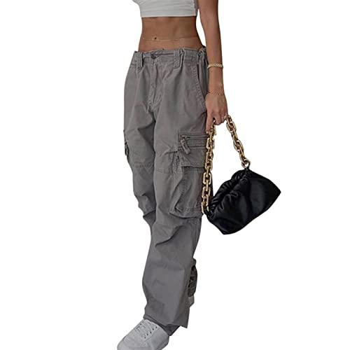 Sawmew Cargohose Damen Low Waist Cargo Jeans Gerade Breites Bein Baggy Denim Hosen Y2k Aesthetic Vintage Jeanshosen 90er Streetwear (Color : Gray, Size : L) von Sawmew