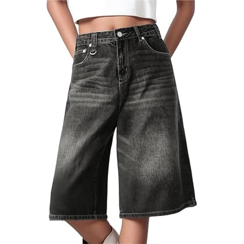 Sawmew Damen Baggy Denim Bermuda Shorts Y2k Vintage Straight Leg Lässige knielange Jeans Jorts mit Taschen Mid-Low Waist Y2K Sommer Heiße Kurze Hosen(Black,M) von Sawmew